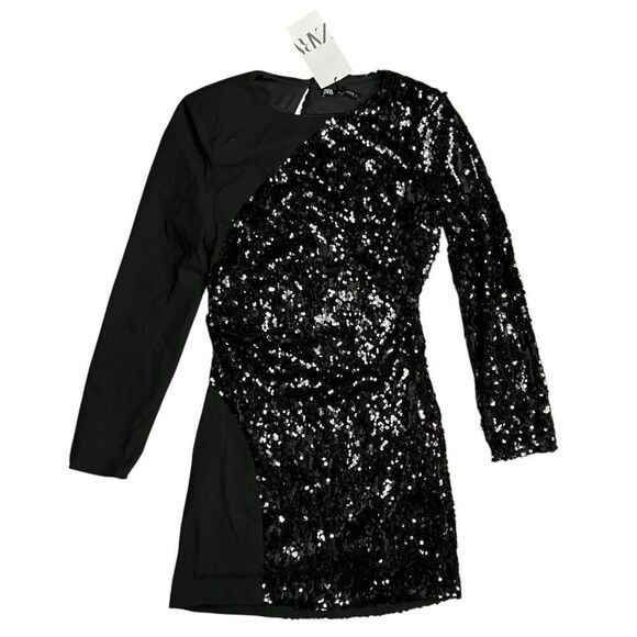 Zara Dress‎ WMNS M Black Sequin Mini Long Sleeve Asymmetric Avant Party Club - Picture 2 of 13